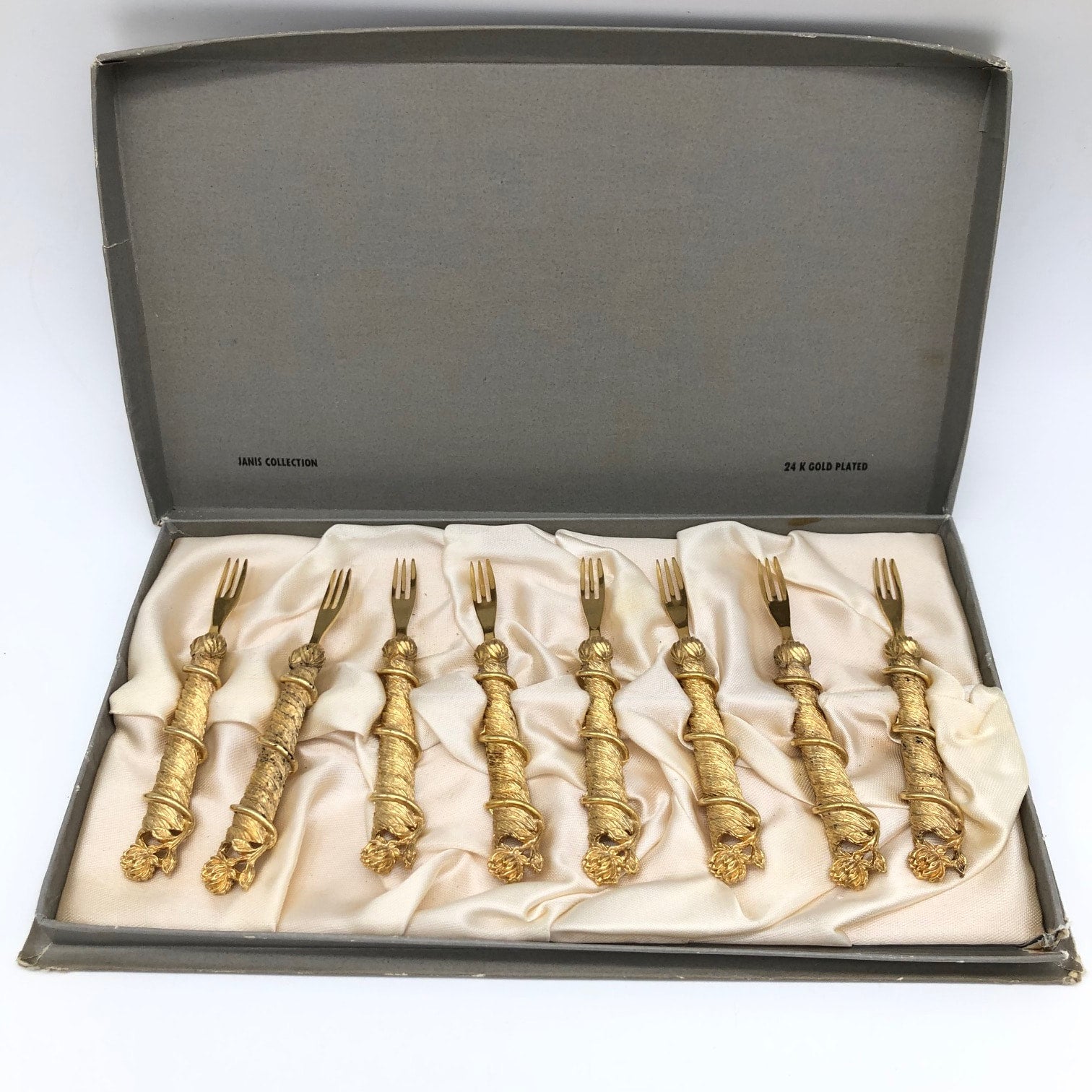 Janis Collection 24k gold plated cocktail forks set of 8 vintage mid century floral design Creative Reuse Online Store