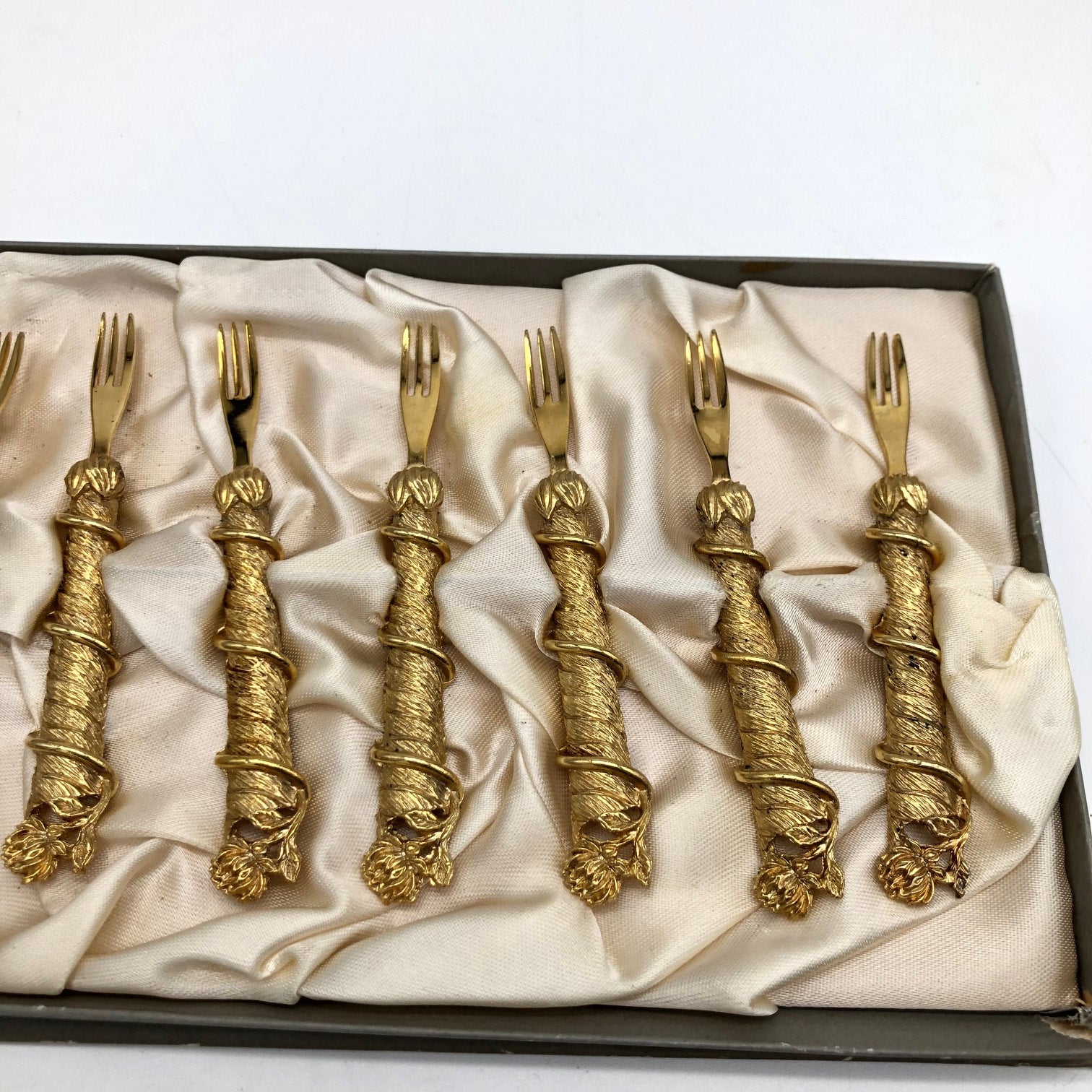 Janis Collection 24k gold plated cocktail forks set of 8 vintage mid century floral design Creative Reuse Online Store